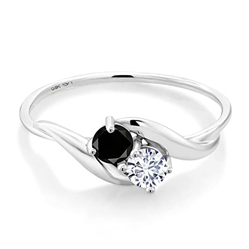 Gem Stone King 10K White Gold Black Diamond and White Moissanite 2-Stone Engagement Ring For Women (0.33 Cttw, Round 3.5MM, Available In Size 5, 6, 7, 8, 9)3