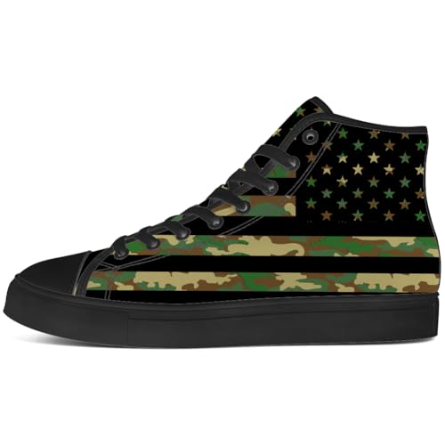American Flag Camouflage High Top Shoes 4th of July High Top Canvas Sneakers Lace Up Black Shoes for Men Women