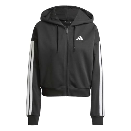 adidas Femme Essentials 3-Stripes French Terry Full Zip Hoodie Sweatshirt, Black/White, M