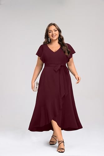 Women Plus Size Wedding Guest Dress - Formal Cocktail Split Ruffle V Neck High Low Party Long Maxi Dresses 20252