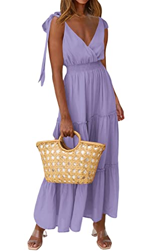 Image of PRETTYGARDEN Women's Cross Neck Summer Sleeveless Tiered Maxi Dress Beach Tie Strap Smocked Long Dresses Pleated Sundress