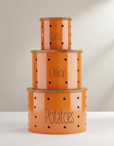 Image of Set of 3 Potato Onion & Garlic Storage Container For Kitchen | Storage Container For Kitchen Storage with Lid. (Orange)
