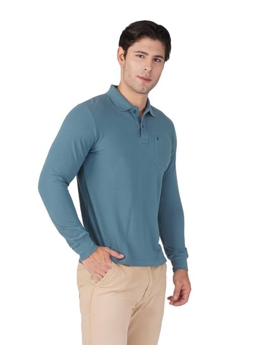 Image of Men's Cotton-Rich Full-Sleeve Polo T-Shirt with Pocket Premium Pique Fabric Casual & Stylish
