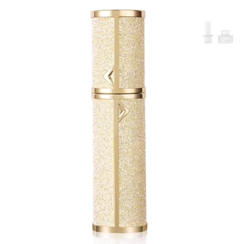 LOPHE Butelka podróżna, 5 ml, luksusowa, wielokrotnego napełniania, błyszcząca butelka z rozpylaczem do perfum, łatwy do napełniania, atomizer perfum dla kobiet, mężczyzn (złota)