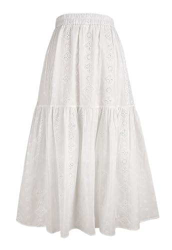 Babalet Women's Boho Cotton Skirts Embroidery Lace Eyelet Elastic Waist Flowy A-Line Beach Casual Summer Maxi Skirt
