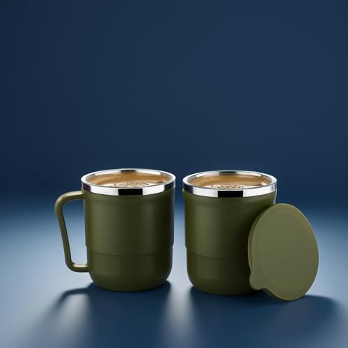 XMART INDIA Insulated Stainless Steel Coffee Mug with Lid – 300ml Double Wall Tea & Milk Mug for Travel, Home, Office, Restaurant Stylish, Leakproof, Drinkware Gifts for Woman,Man(2 Pc, Dark Green)