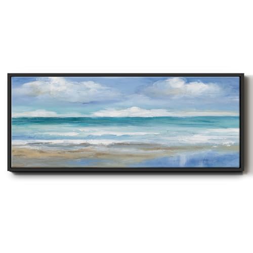 Renditions Gallery Floater Framed For Office Cloudy Coastal Scene Canvas Hanging Decoration for Office Lounge Drawing Room Balcony - 12"x30" Black Frame LT611