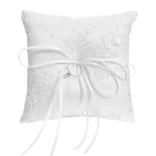 Skrfren Wedding Ring Bearer Pillow White Lace Trim Cotton Cushion Elegant Ring Holder for Wedding Ceremony and Proposal Lovely Pillow for Flower Girl Boy and Rings Bearer (6x6 Inch)
