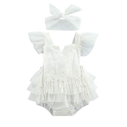 Image of Newborn Baby Girl Romper Lace Tutu Dress Bodysuit Ruffle Sleeveless Jumpsuit with Headband Summer Outfits