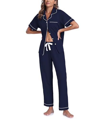 CF Womens 100% Cotton Pajamas Set Button Down Pjs Sets Short Sleeve Top & Long Pants Sleepwear Comfy Loungewear with Pockets