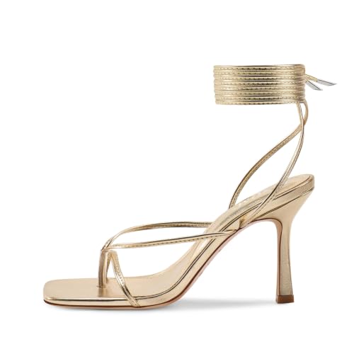 Image of ISNOM Lace Up Heels Sandals for Women - Square Open Toe, Stiletto High Heel | Tie up Thong Heels, Wrap Around Strappy Heels, Non-Slip Sole, 3.94 inch Stable Heel, Comfy and Stylish for Date Party Daily Wear