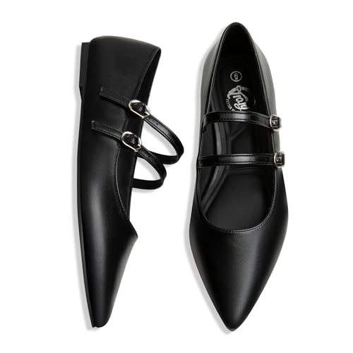 Image of Trary Flats for Women Mary Jane Shoes Women Closed Pointed Toe Ballet Flats Comfortable Slip on Dressy Adjustable Strap Cute Walking Office PU Leather Mary Janes Flat Shoes