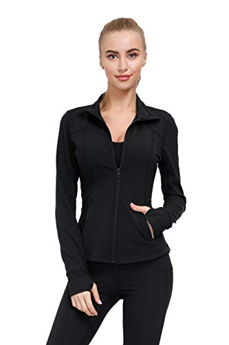 Dolcevida Women\'s Slim Fit Workout Track Jackets Full Zip Stretchy Warm up Active Running Jacket with Thumb Holes (Deep Black, L)