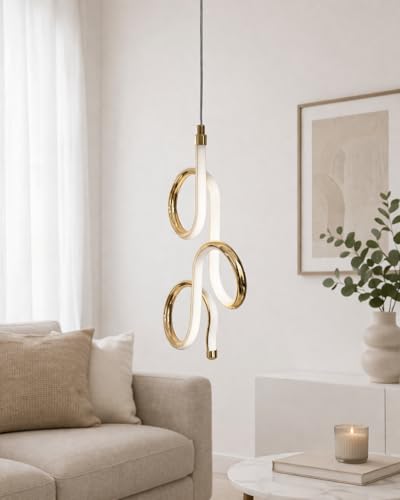 Image of Modern Curved Shape Gold Finish Energy Saving Led Pendant Hanging with 3 Different Color Mode (Warm White, Cool White, Neutral White) for Bedroom, Living Room, Restaurants, Dining, Home