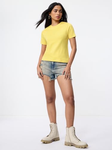 Image of The Souled Store Casual Classics: Women and Girls Short Sleeves Spread Collar Solid Cotton Regular Fit Breathable Lightweight Trendy Everyday T-Shirt