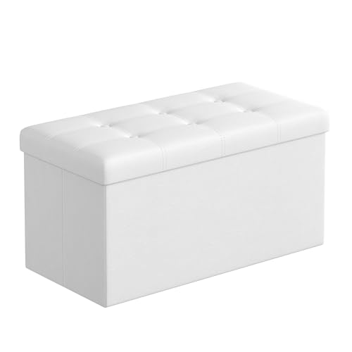 SONGMICS MAZIE Collection - 30 Inches Folding Storage Ottoman Bench, Ottoman with Storage, Foot Rest Stool, Load 660 lb, for Living Room, Synthetic Leather, White ULSF106 White 15"D x 30"W x