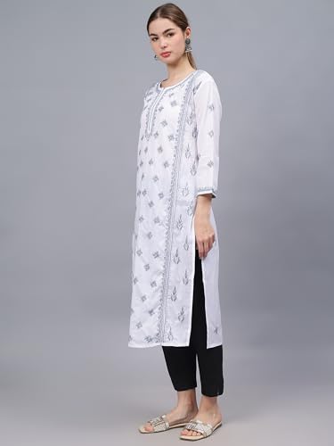 Image of Seva Chikan Hand Embroidered Lucknowi Chikankari Cotton Straight Kurta for Women SCL4567