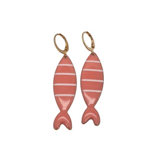 Orecchini pendenti acciaio con ciondoli pesci rosa con linee nere. Realizzati a mano. Idee Regalo. Lunghezza 5,5 cm.