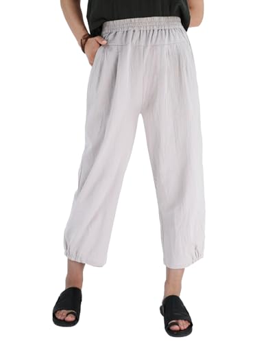 Les umes Women's Cropped Pants Cotton High Waist Wide Leg Capris Casual Loose Harem Pants Trousers with Pockets