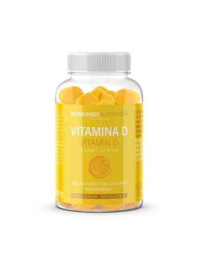 Vitamina D. 50 Gominolas. Sabor Limón. Sin Gluten y Sin Azucar. Salud ósea y del sistema Inmunitario. La Vitamina D contribuye a la absorción normal del calcio y el fosforo. Wonkandy Nutrition.