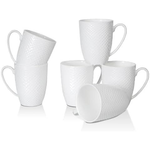 COSTMANCE 12 oz Coffee Mugs Set of 6, Fine Bone China Mugs, Upscale White Coffee Mugs, Rhombus Relief Texture Porcelain Coffee Mugs Tea Cup, for Coffee, Tea, Hot Cocoa, Women, Men, Party Cover