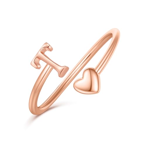 Heart Initial Rings for Women Teen Girls, Rose Gold Rings for Women Teen Girl Gifts Trendy Stuff Adjustable Letter T Initial Ring for Kids Girls Birthday Gifts for Daughter Mom Sister Wife Grandma