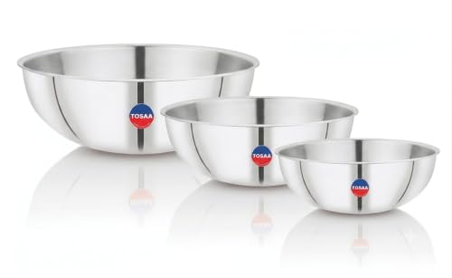 Image of TOSAA Triply Stainless Steel Tasla Set of 3-20 cm (1500 ml), 22 cm (2000 ml) & 24 cm (2600 ml) | Tri-Ply Induction Bottom | Compatible with Gas & Induction | Silver