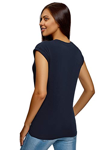 Oodji Ultra Donna T-Shirt Dritta con Ricamo, Blu
