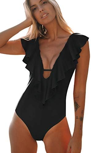SPORLIKE Women One Piece Swimsuit V-Neck Ruffle Bathing Suit Padded Monokini(Black,Large)