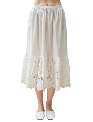 BEAUTELICATE 100% Cotton Half Slip Skirt Extender Vintage Underskirt with Lace Trim Ivory