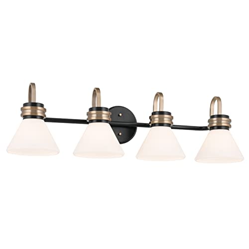 Image of Kichler Farum 34 inch 4-Light Bathroom Vanity Light Fixture with Opal Glass in Black, Modern Over Mirror Lighting for Single or Double Vanity, Powder Room (34 inch W x 9.5 inch H), 55156BK