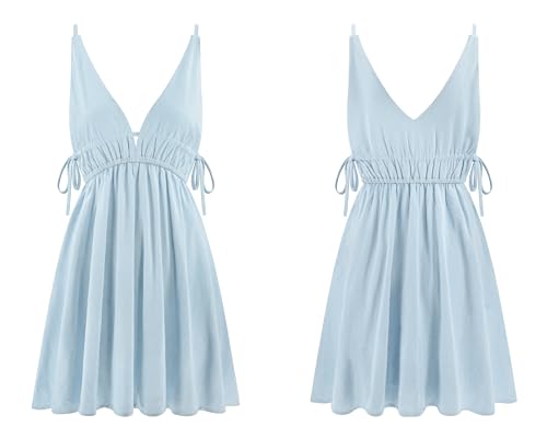 Image of R.Vivimos Boho Dresses for Women 2026 Summer Sleeveless Sexy Deep V Neck Elastic Waist Sides Drawstring Tie Casual Mini Dress