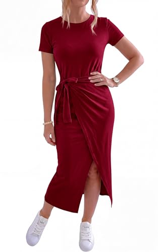 Image of NOLLSOM Women Casual Sleeveless Striped Tank Midi Dresses Halter Neck Ruched Bodycon Dresses Tie Waist T Shirt Summer Dress
