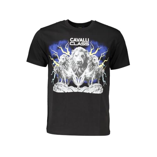 T-shirt noir homme Cavalli Class en coton premium avec imprimé graphique exclusif