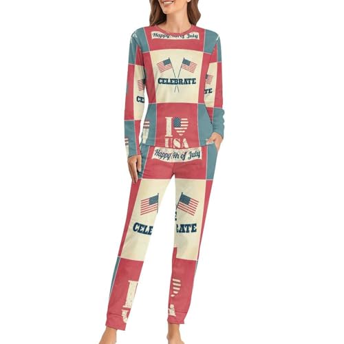 Pyjama femme avec t-shirt manches longues et pantalon motif drapeau américain