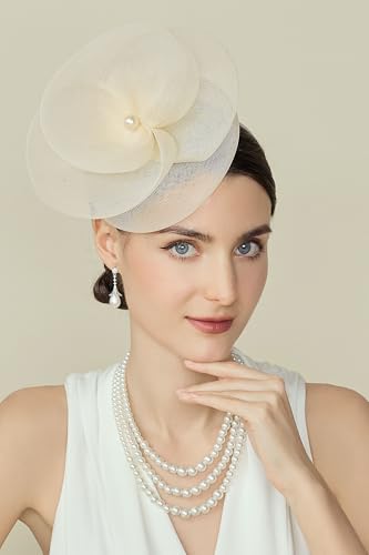 BABEYOND Fascynatorska czapka dla kobiet, siateczka, kwiaty, opaska na głowę, eleganckie nakrycie głowy z klipsem do włosów, na wesele, dzień wyścigu, przyjęcie koktajlowe, BEŻOWY, Rozmiar uniwersalny