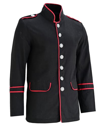 Darkrock Men's Gothic Steampunk Red Piping Jacket Black Parade Military Marching Band Drummer Jacket Goth VTG style