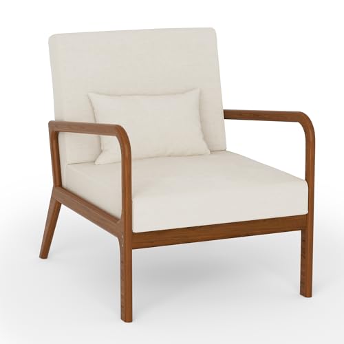 FiveWillowise Gepolsterter Sessel mit Armlehnen, Loungesessel mit Massivholzrahmen Relaxsessel für Wohnzimmer Schlafzimmer, Stoff Lehnsessel mit Lendenkissen, Ohrensessel, Polsterstuhl, Beige