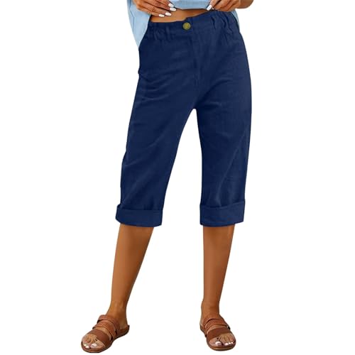 Generic Linen Capri Pants for Women Knee Length Casual Summer Trendy Baggy Beachwear Wide Leg Cropped Trousers with Pockets