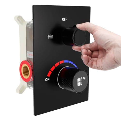 Válvula mezcladora de ducha con display digital, desviador 2 vías con kit de acabado | Mezcladora de latón con lector de temperatura para remodelación nueva, NPT1/2, negro mate miniatura 1