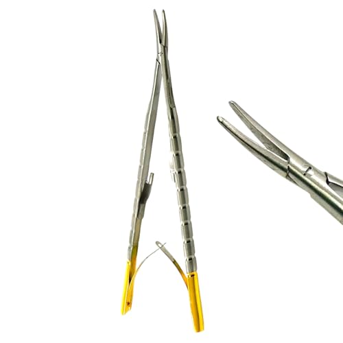 6in Castroviejo-Barraquer Micro Needle Holder with Smooth, Curved Tip - Locking Handle with Gold Accents - German Stainless Steel Needle Driver
