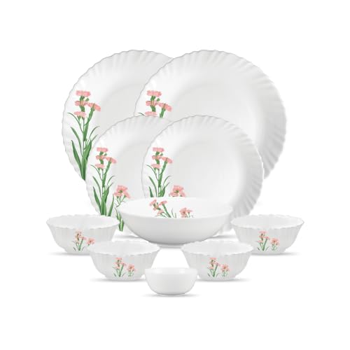 Image of La Opala Opal Glass Crockery | for Family of 2 | Dinner Set 10 pcs Pink Florets | Plates & Bowls for Dining | Microwave Safe | 100% Vegetarian | Extra Strong | Extra Light & White