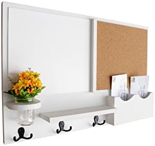 Legacy Studio Decor Message Center with White Board & Cork Board Letter Holder Coat Rack Key Hooks (Distressed, White)