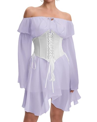 Image of Womens Corset Dresses Off Shoulder Bell Sleeve Casual Party Fairy Two Piece Outfits Bustier Dress