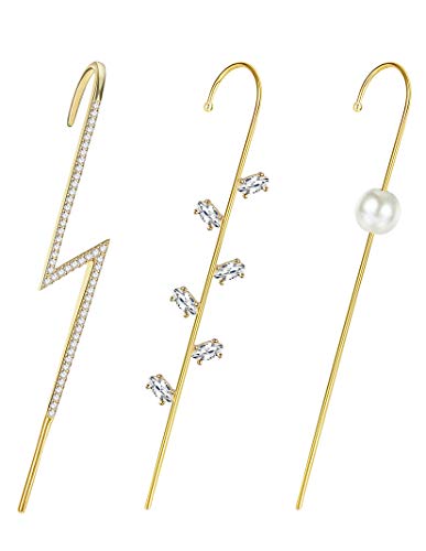 HAIAISO 18K Gold Plated Ear Wrap Crawler Hook Earrings, Unique Ear Wrap Earrings Piercing Ear Cuffs Earrings Rhinestone Crawler Earrings for Women