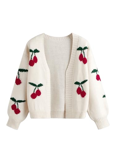 GORGLITTER Girl's Cute Cherry Cardigan Sweaters Open Front Long Sleeve Lightweight Knit Tops Beige 10 Years