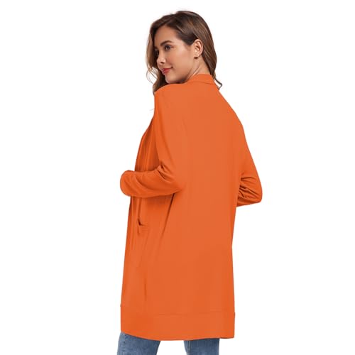 TownCat Damen Strickjacke Lang Mit Taschen Langarm Offener Strickmantel Cardigan Damen Lang Elegant Dünn Kultivieren Lässig Leichte Belüftung Orange L