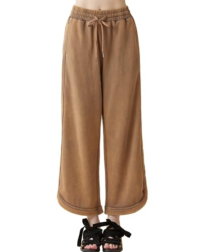 noflik Women's Skin-Friendly Cotton Elastic High Waisted Drawstring Wide Leg Fray Hem Sweatpants