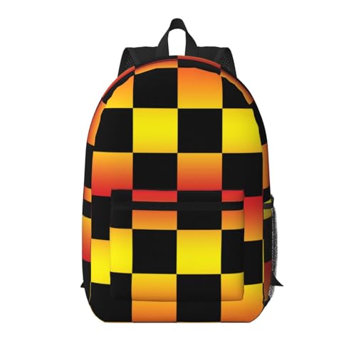 Gradient Fire Black Checkers Fashionable Daypack 17 Inches Zippers Backpack Double Shoulder Bag for Women Men