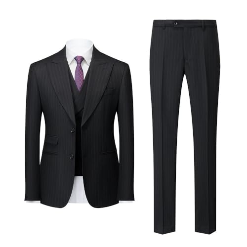 Business Formal 3 Piece Suit Set for Men Slim Fit with Pants and Vest for Office Wedding Party(Black,Large)